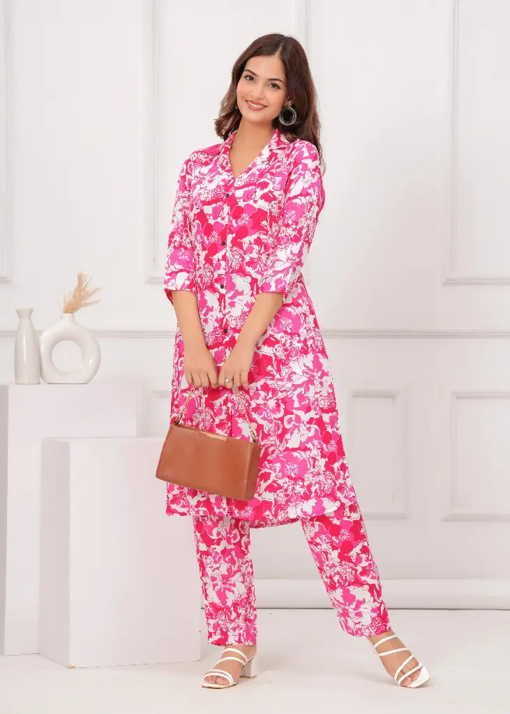 Printed Aline Kurta pant set (Pink)