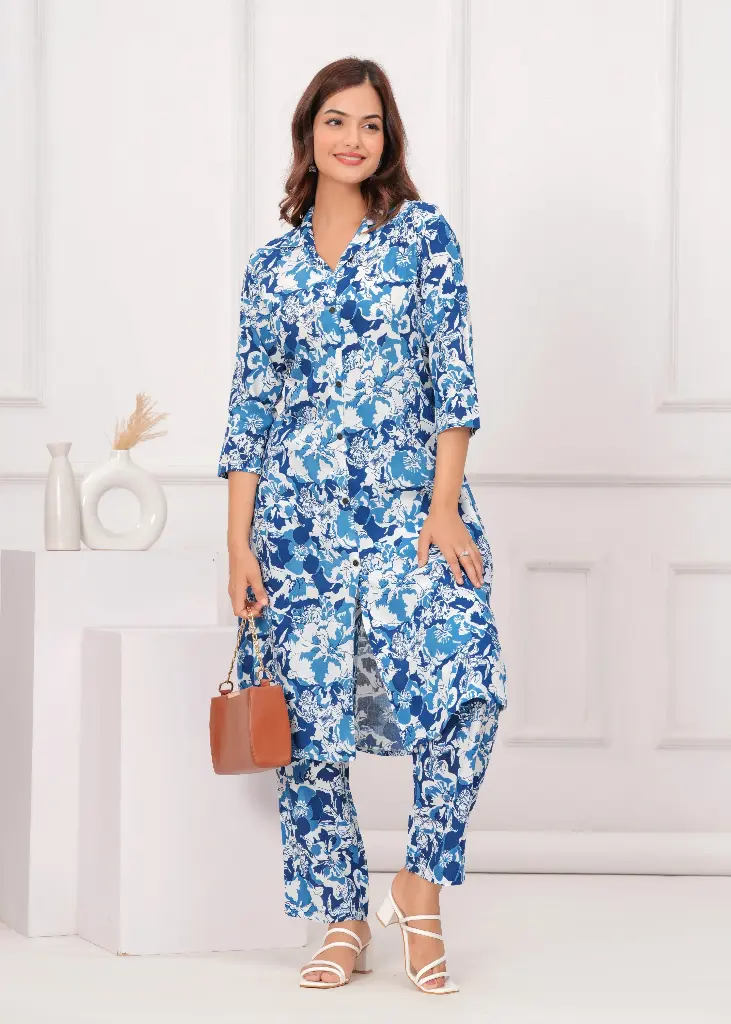 Printed Aline Kurta pant set (Blue)