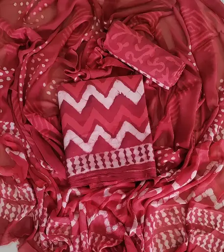 Trendy Jaipuri Style Red/Maroon SKD Material for Customization with pure Chiffon Dupatta. Hand Block printed